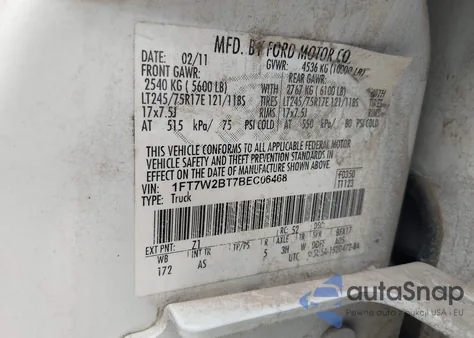 2011 Ford F-250 Xl из США, поврежденный, VIN 1FT7W2BT7BEC06468